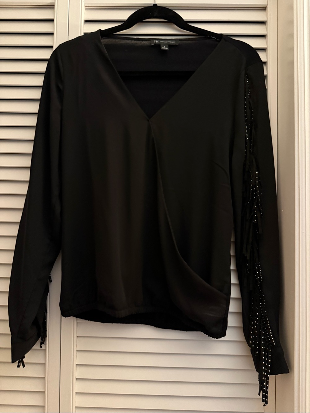 INC International Concepts Black V-Neck Long Sleeve Top with Beaded Fringe